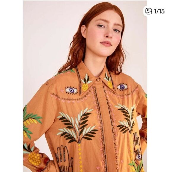 NWT- FARM Rio Tan Button Down Shirt with Colorful Embroidery and beading.
